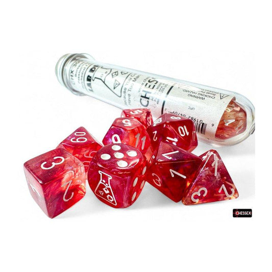 Chessex - Lab Dice Borealis Passion/white Luminary Polyhedral 7-Dice Set (with bonus die)
